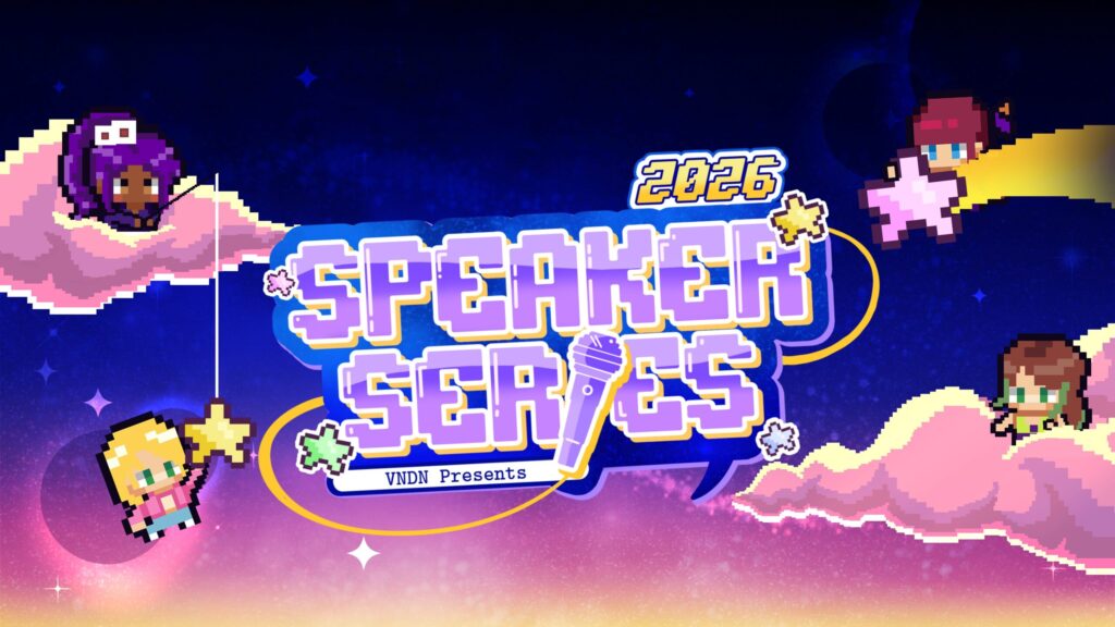 VNDN Presents: 2026 Speaker Series. Logo over a night sky in pixel art style. DevTalk's four mascots are shown in chibi pixel art style.